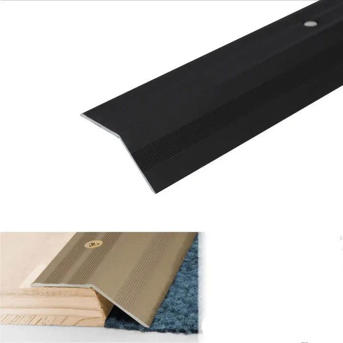 Aluminium door threshold ramp profile installed in a doorway, providing a smooth transition and improved accessibility. black- finishings UK
