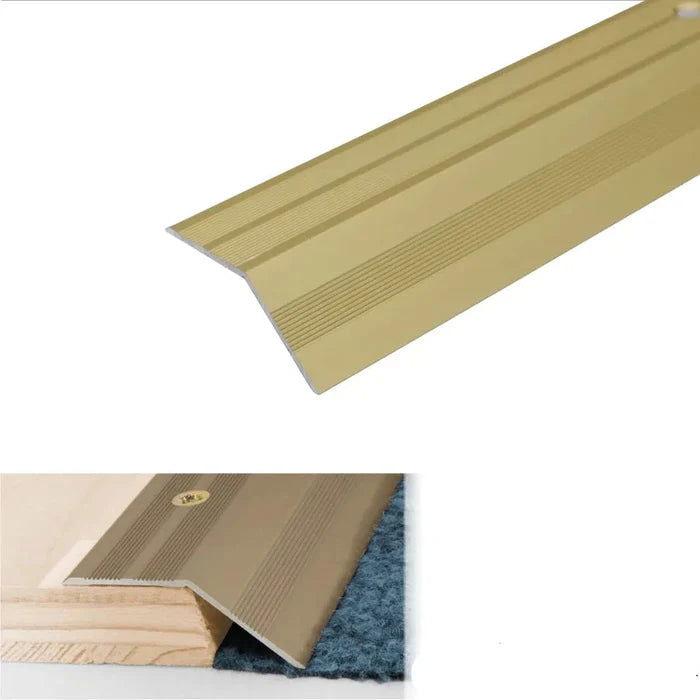 Before and after installation of an aluminium door threshold ramp profile, showing improved accessibility and a polished finish gold COLOR- finishings UK
