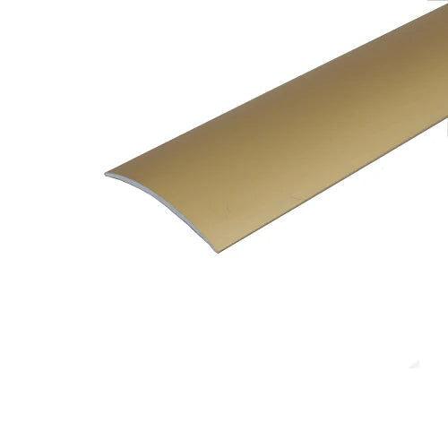 Close-up of an aluminium door threshold, showcasing its sleek design and compatibility with laminate, carpet, and tile flooring.- 930mm x 49mm gold- finishings UK