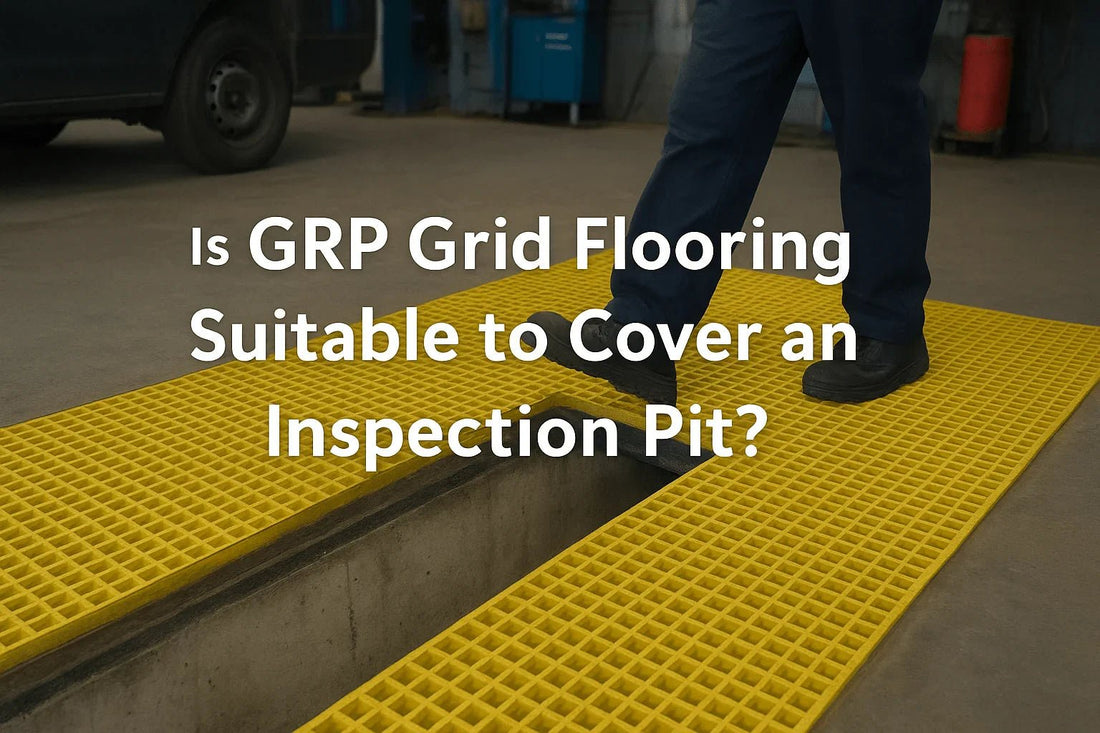 A mechanic walking across a GRP grid floor covering an inspection pit in a vehicle workshop, showing safe, non-slip, heavy-duty flooring designed for industrial environments.