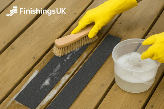 Cleaning decking grip strips with soft brush and soapy water to remove dirt and moss – UK outdoor maintenance