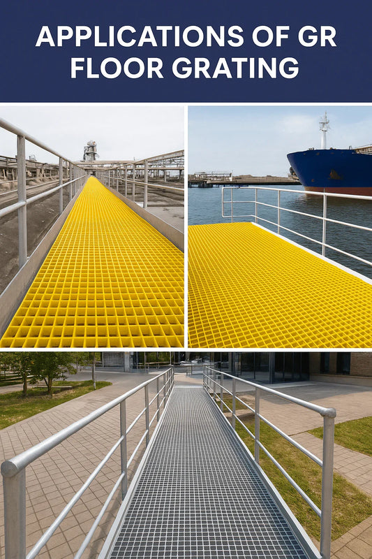 GRP floor grating applications across UK industries including marine, factory, and transport sectors