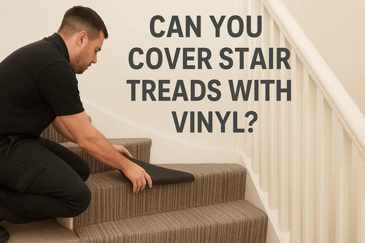 A professional installer fitting durable GRP anti-slip stair tread covers on an indoor staircase as a safer alternative to vinyl.
