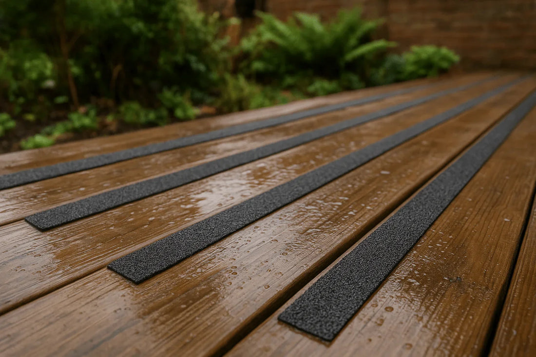 Non-slip GRP decking grip strips installed on outdoor wooden decking to improve safety.