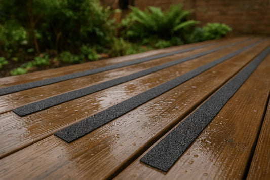 Close-up of GRP decking grip strips installed neatly on a wooden deck for anti-slip safety in the UK.