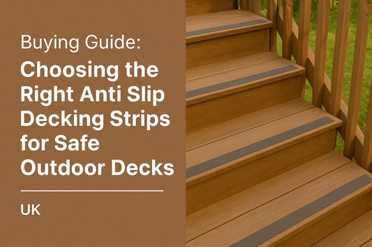 Wooden outdoor steps fitted with anti slip decking strips, showing safe grip surface for UK decking areas.