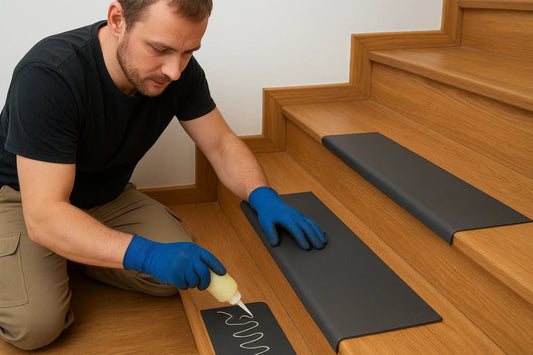 Vinyl stair tread cover being glued with adhesive on a clean wooden step.