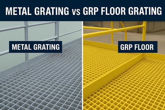 Comparison of metal grating and GRP floor grating used in industrial and marine applications in the UK — highlighting corrosion resistance and safety benefits.