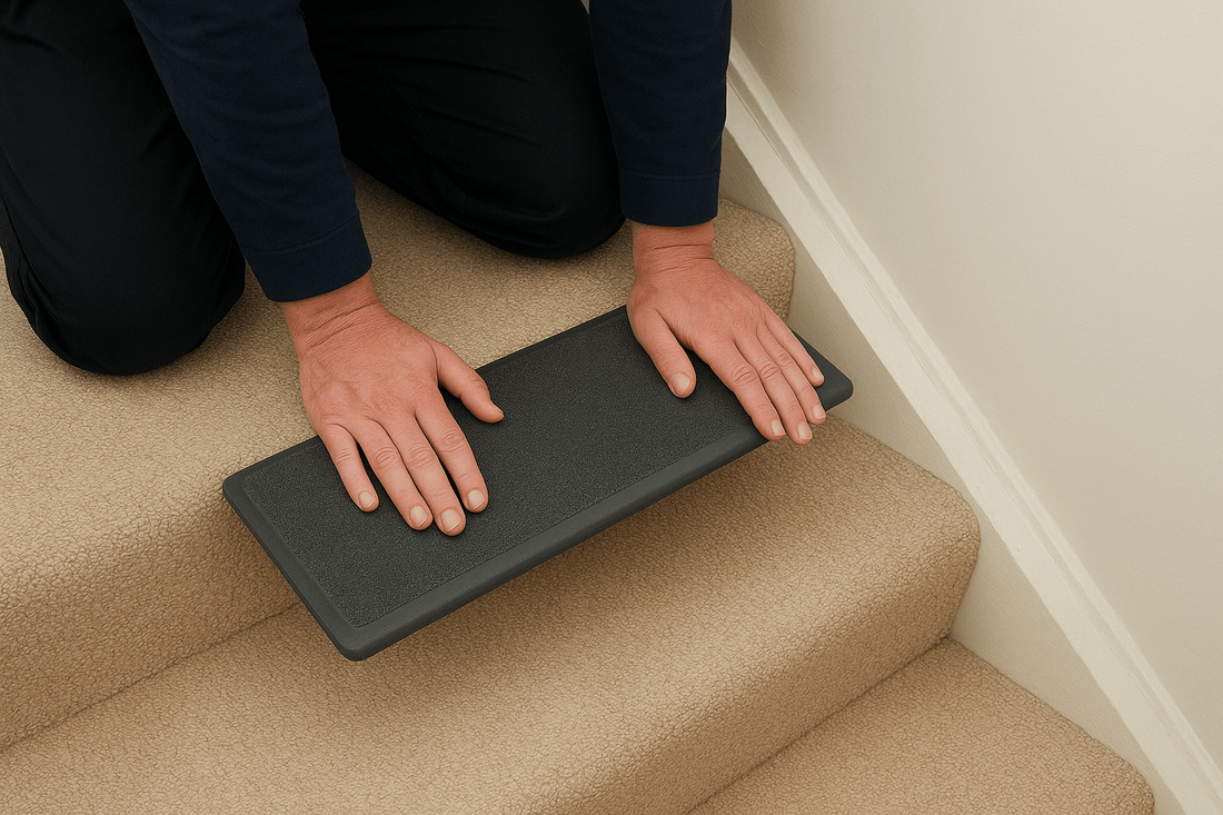 Installing anti-slip GRP stair tread covers on carpeted stairs for added grip and safety – Finishings UK