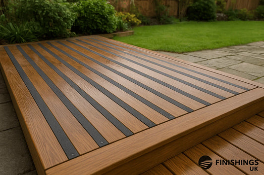GRP decking grip strips installed on outdoor wooden decking to prevent slipping in wet UK conditions