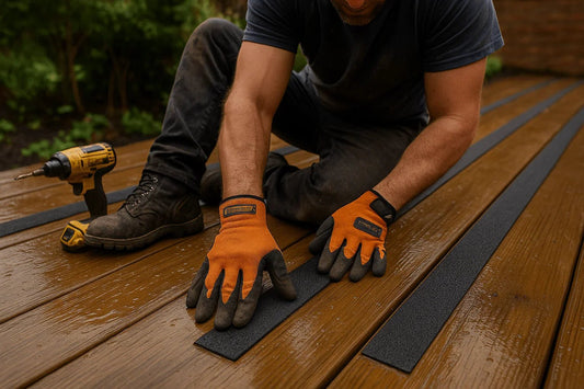 worker installing grp grip strips on wooden deck