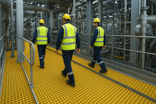 Industrial GRP floor grating panels providing non-slip flooring in a UK factory.