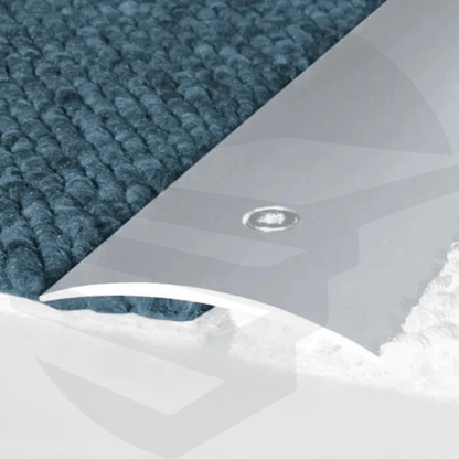 Aluminium door threshold installed as a laminate to carpet transition strip, creating a seamless and safe flooring transition- 930mm x 49mm silver- finishings UK