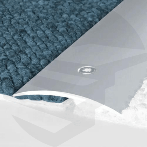 Aluminium door threshold installed as a laminate to carpet transition strip, creating a seamless and safe flooring transition- 930mm x 49mm silver- finishings UK