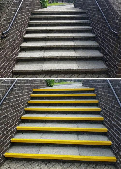 Anti-slip texture detail on aluminum stair treads. With and without strips 