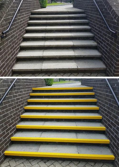 Anti-slip texture detail on aluminum stair treads. With and without strips 