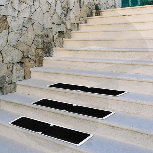 Non-Slip Aluminium Screw Down Stair Plates installed on outdoor steps